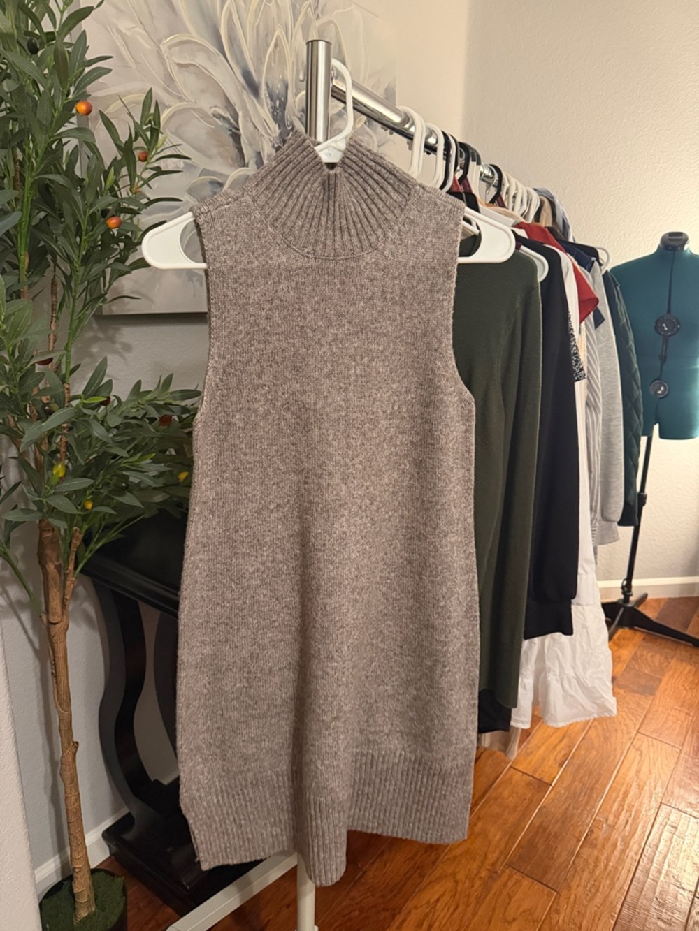 Sleeveless Taupe Knit Midi Dress with Turtleneck